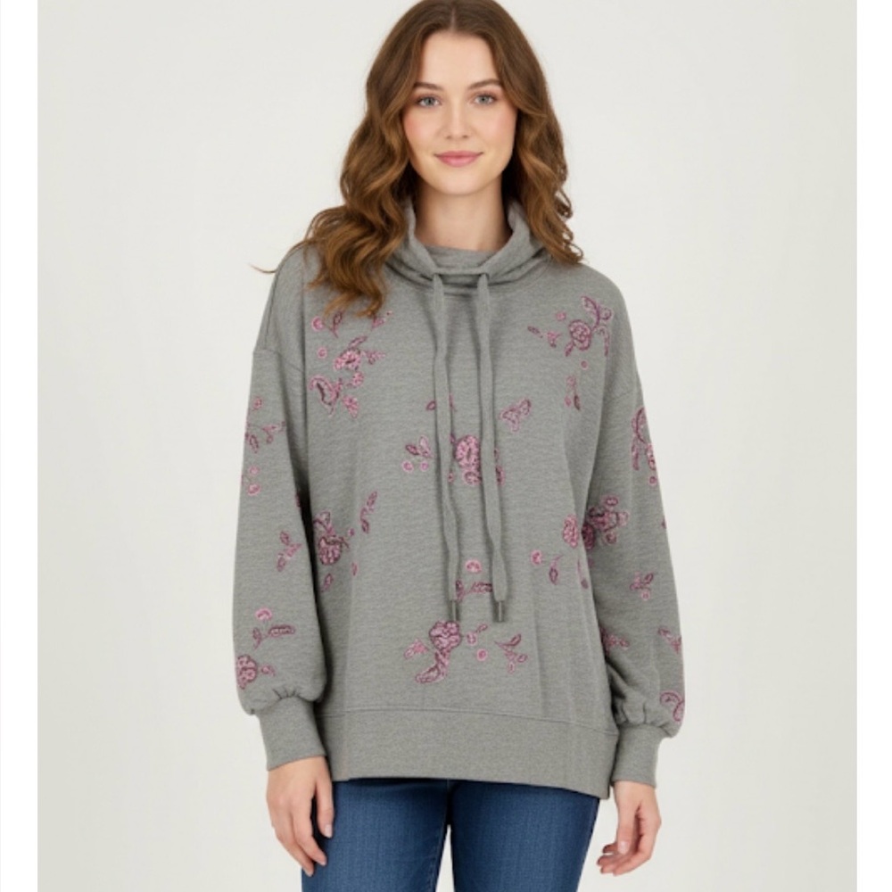 DEMOCRACY Embroidered Floral Sweatshirt, No Pockets, Women’s S, Gray